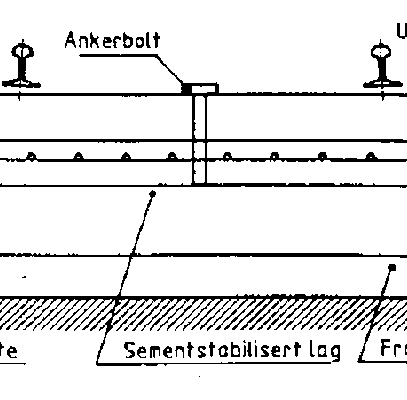 Prinsippskisse av BTD V2 fast spor med stålforankring og armert betongbærelag.