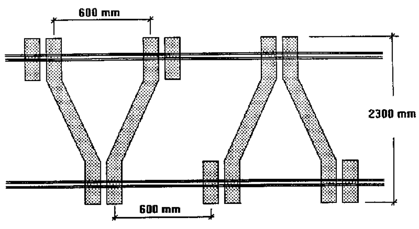 Prinsippskisse av Y-formet stålsville med mål og plassering av skinnene.