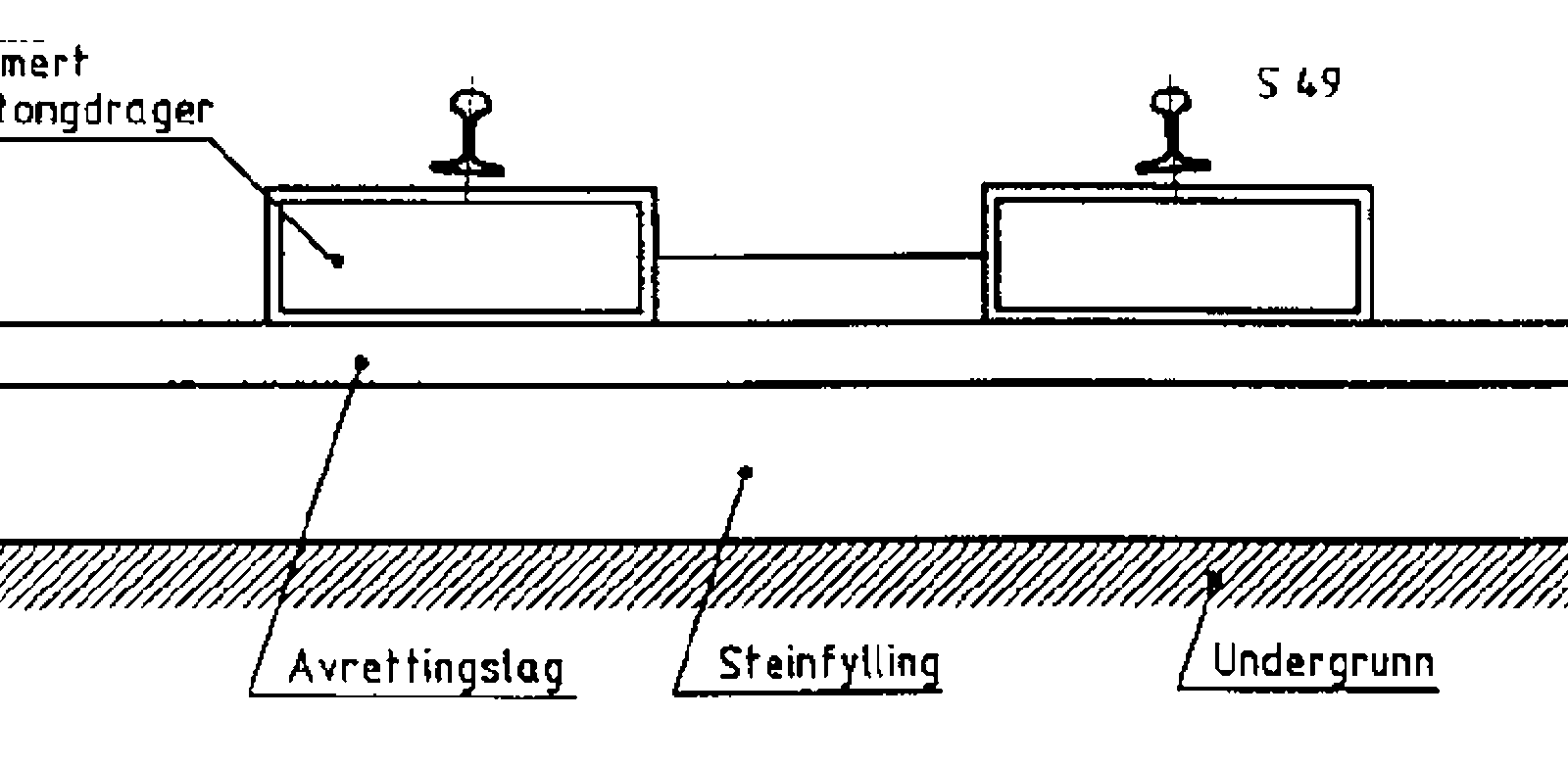 Prinsippskisse av Icosit fast spor med armert betongdrager og elastiske underlagsplater.