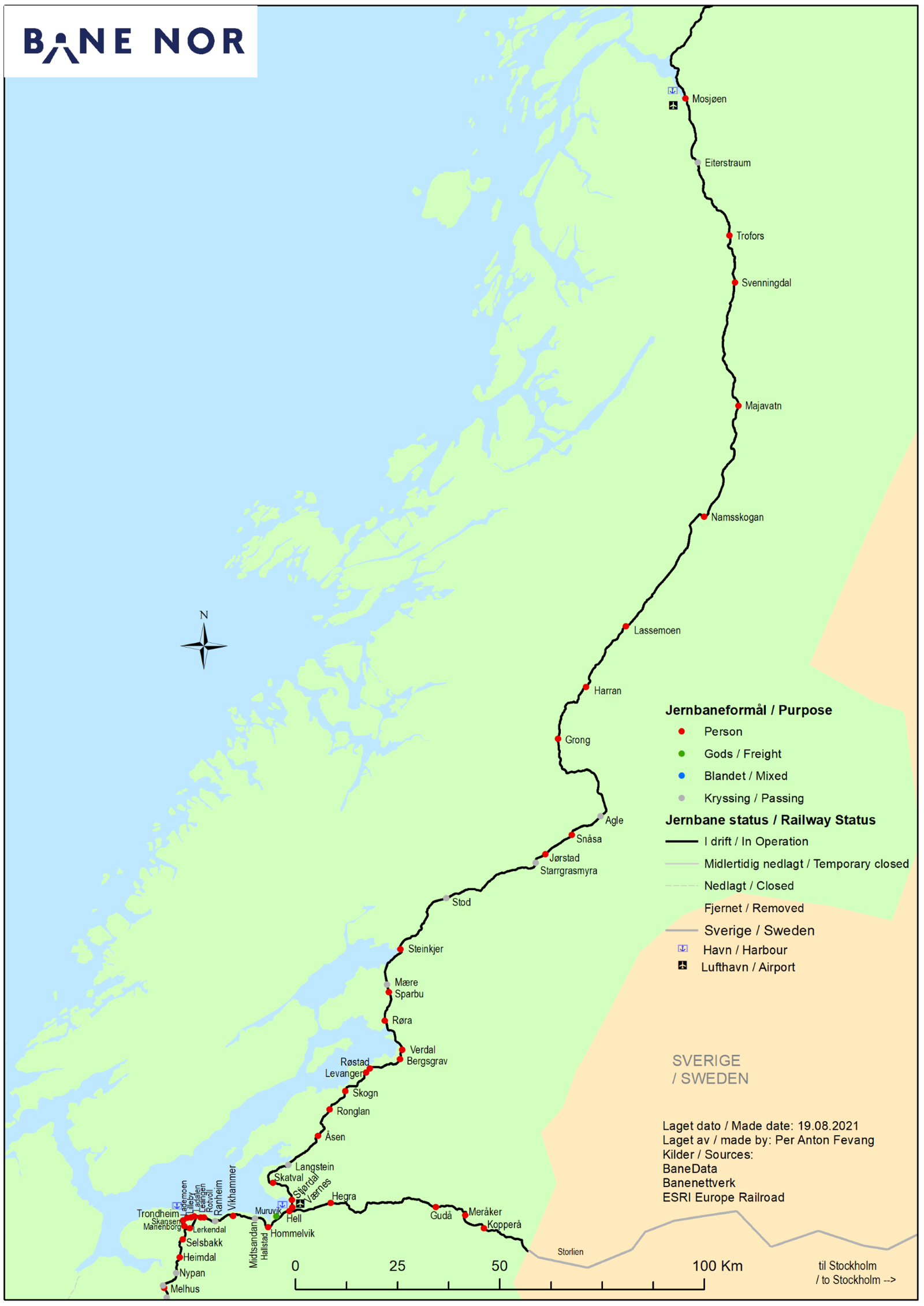 Kart over strekninger langs Nordlandsbanen og Meråkerbanen.