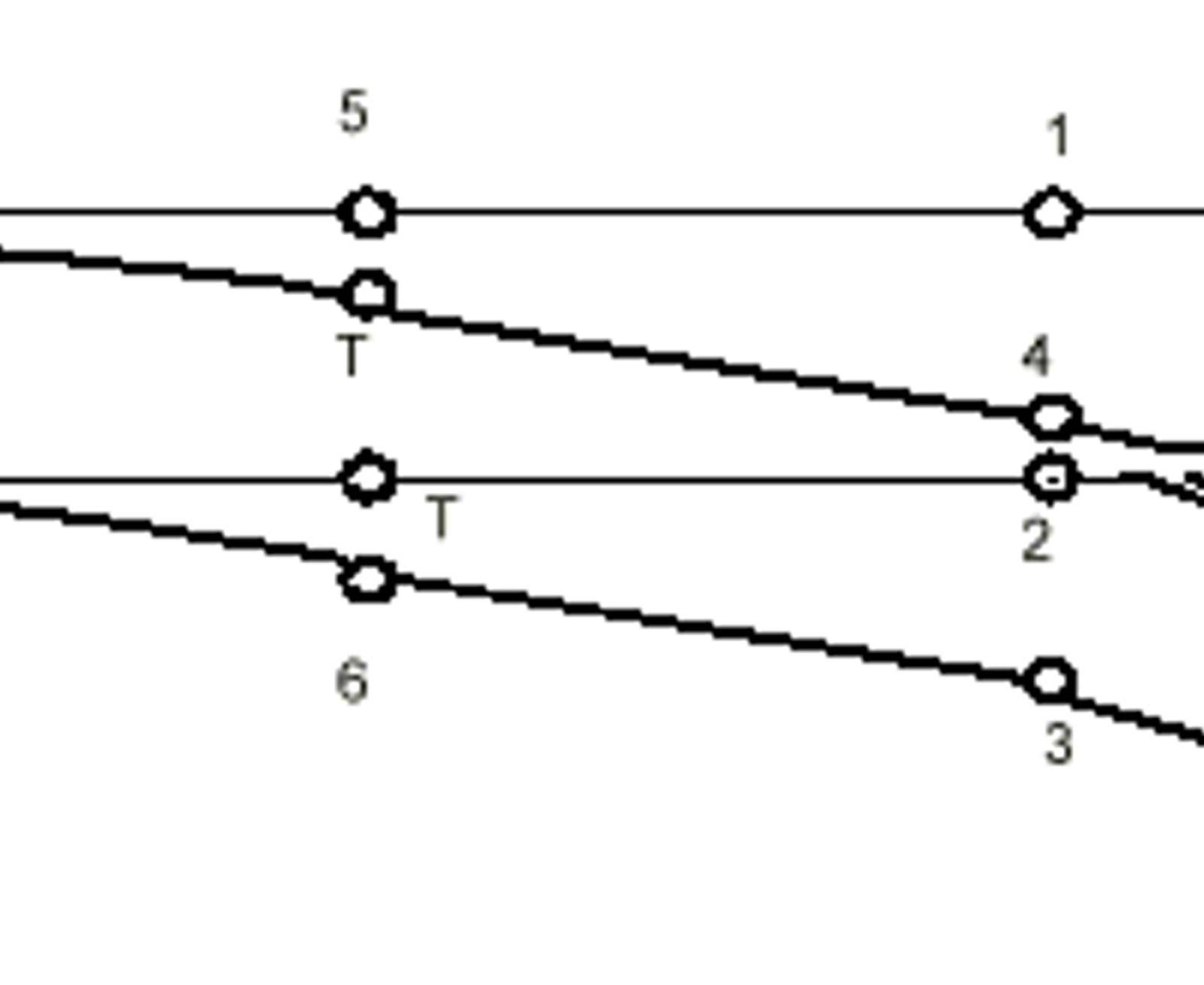 Diagram av sporveksel med markerte skjøter (1–6, S, T) som viser rekkefølge for sveising.