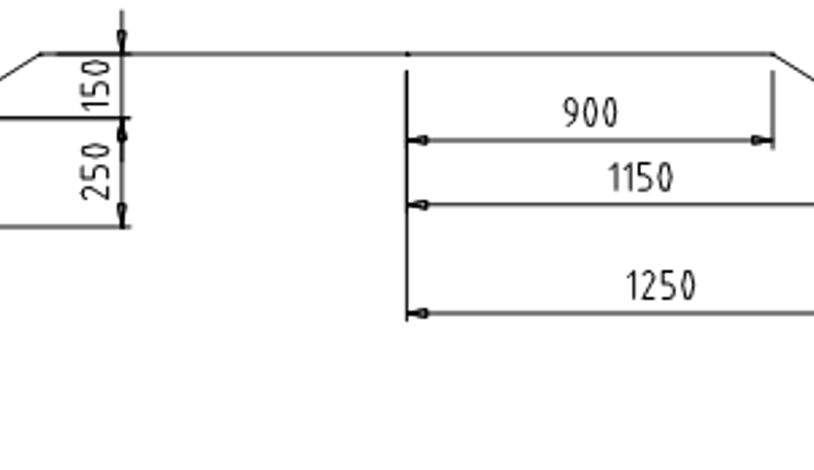 Dynamisk profil for strømavtaker: 1250 mm bredde, 250 mm under og 150 mm over.