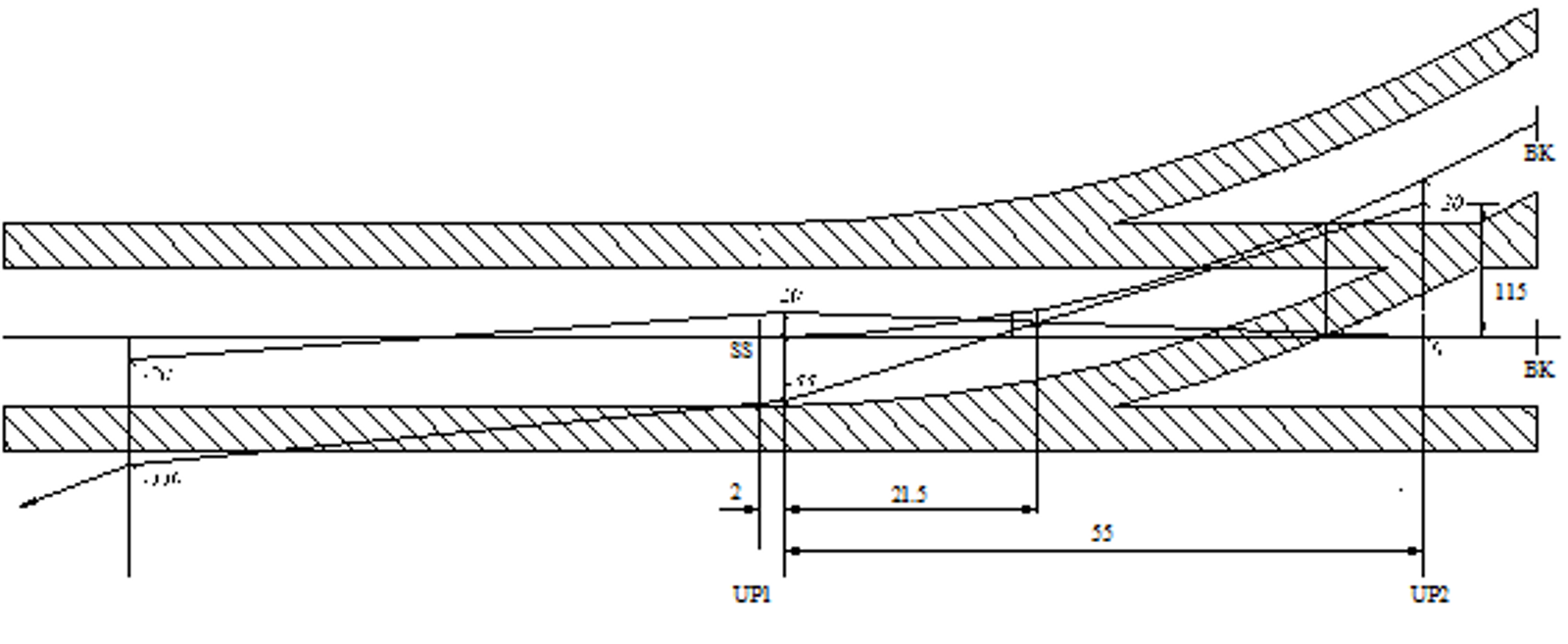 Ferdig prosjektert sporveksel for S20 med UP1, UP2, ledninger og målt krysningspunkt.
