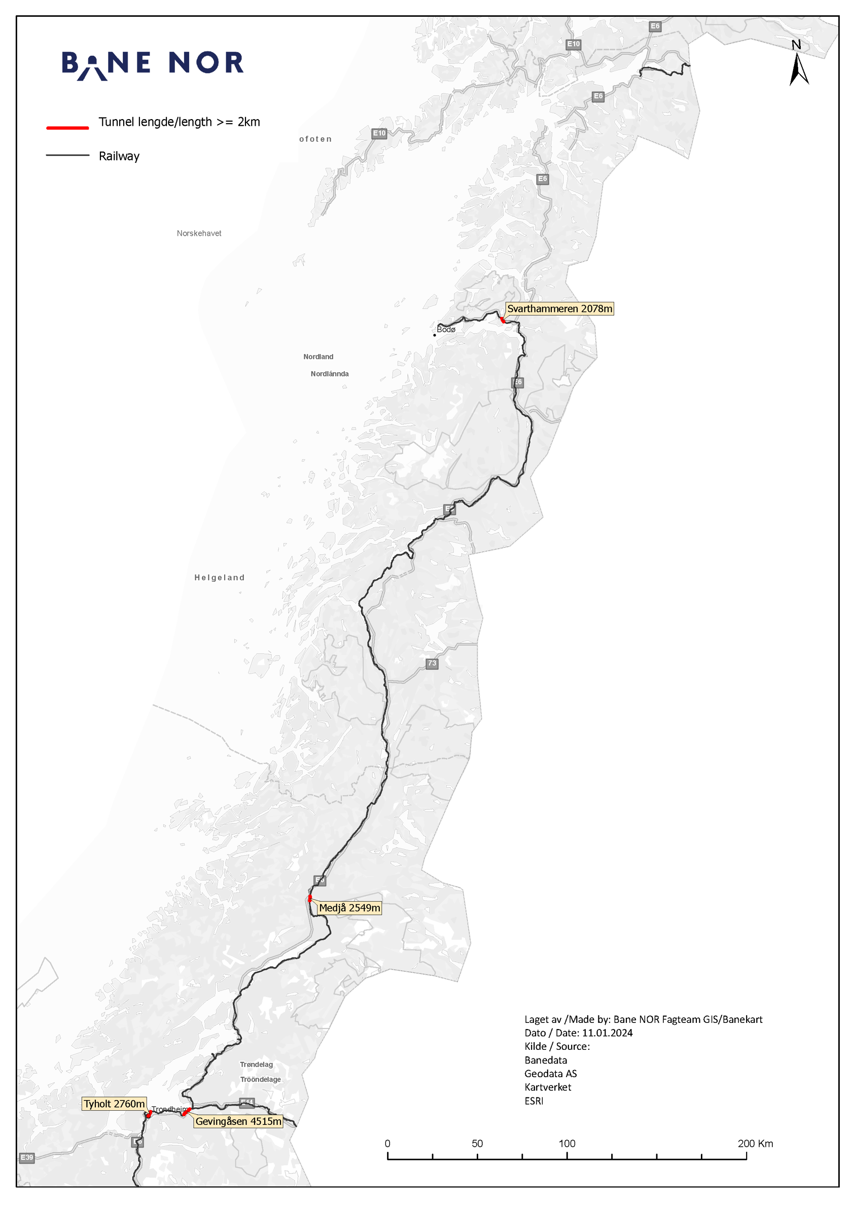 Kart over tunneler i nord. 