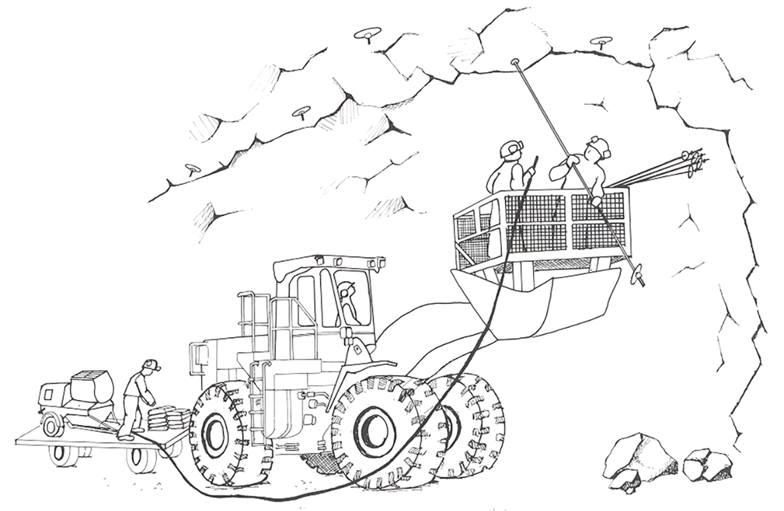 Ettermontering av fjellbolter fra en korg montert på en hjullaster i tunnel.