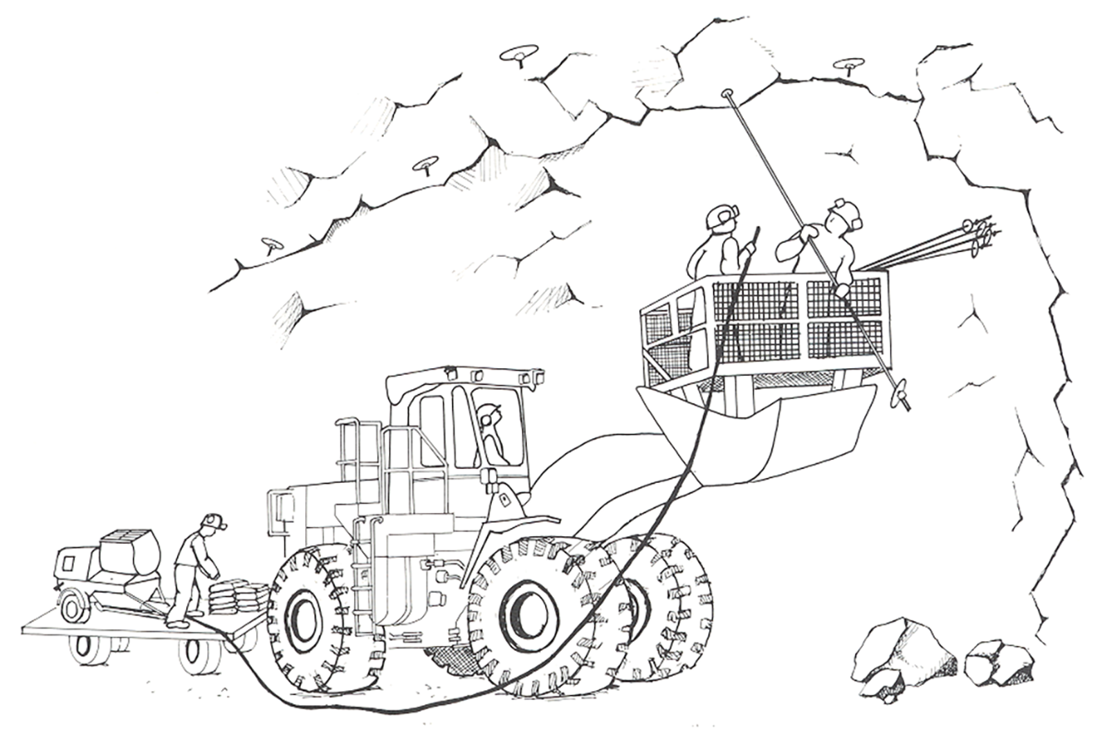 Ettermontering av fjellbolter fra en korg montert på en hjullaster i tunnel.