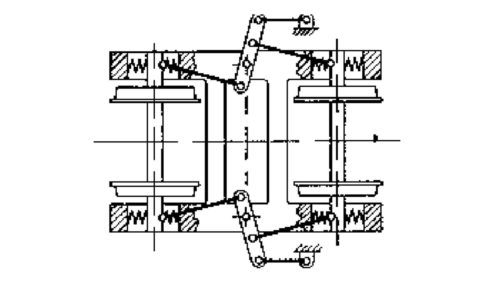 Boggi der hjulsatsenes bevegelse styres mekanisk av vognkassen for radiell innstilling.