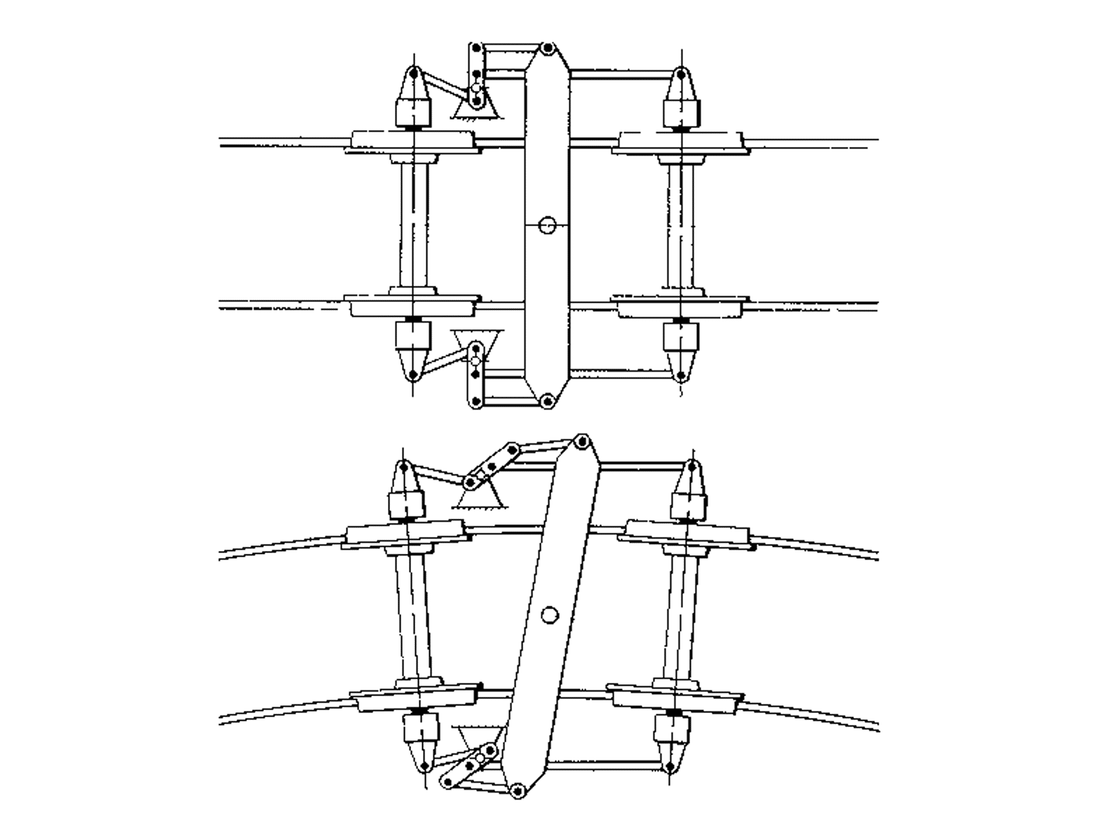 Boggikonstruksjon av type SIG-Navigator med mekanisk styrte akselbokser for redusert slitasje.