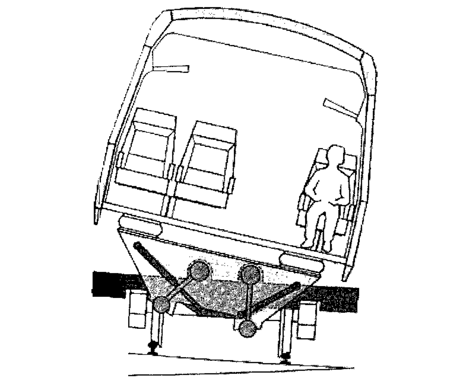 Illustrasjon av aktivt krengesystem for jernbanevogner med trapesformet pendel.
