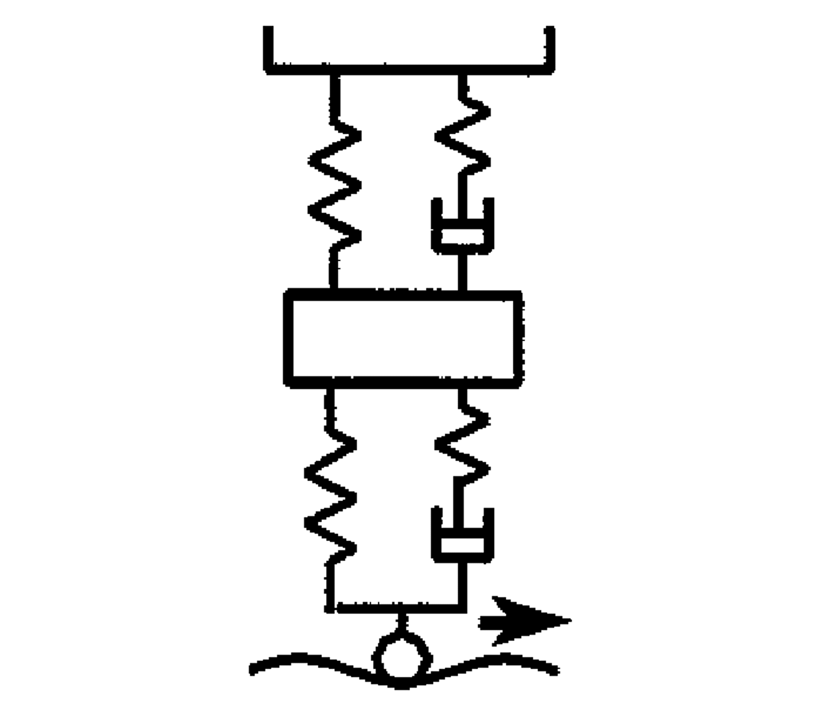 Skjematisk tegning av et system med to masser, primærfjær og sekundærfjær i et fjær-dempersystem.