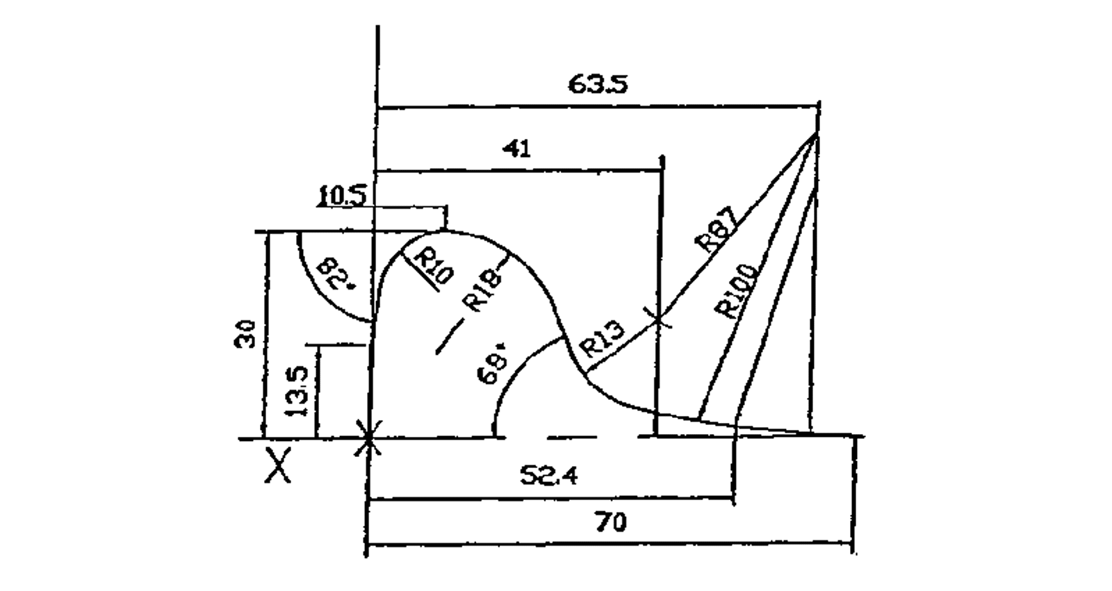 Teknisk tegning av hjulprofil med radius- og vinkelmål.