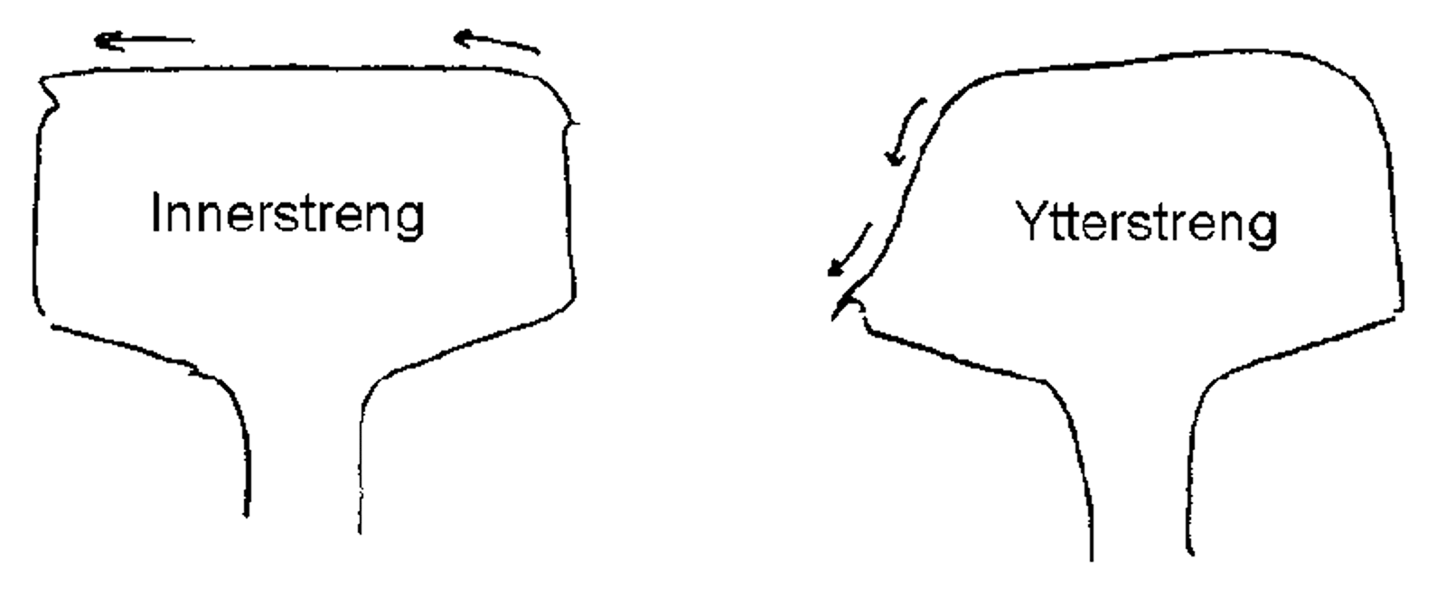 Slitasje på skinnehodet i kurver, med skjegg på innerstreng og slitasje på innsiden av ytterstreng.