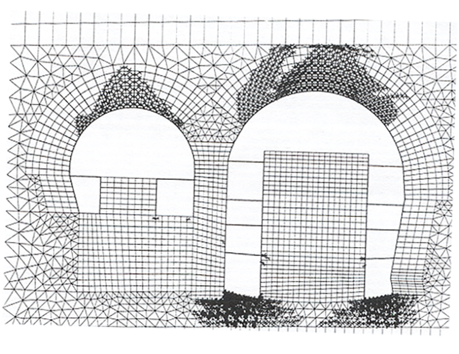 Plastiske soner under utgraving av to fjellhaller, vist med endelig elementmetoden.