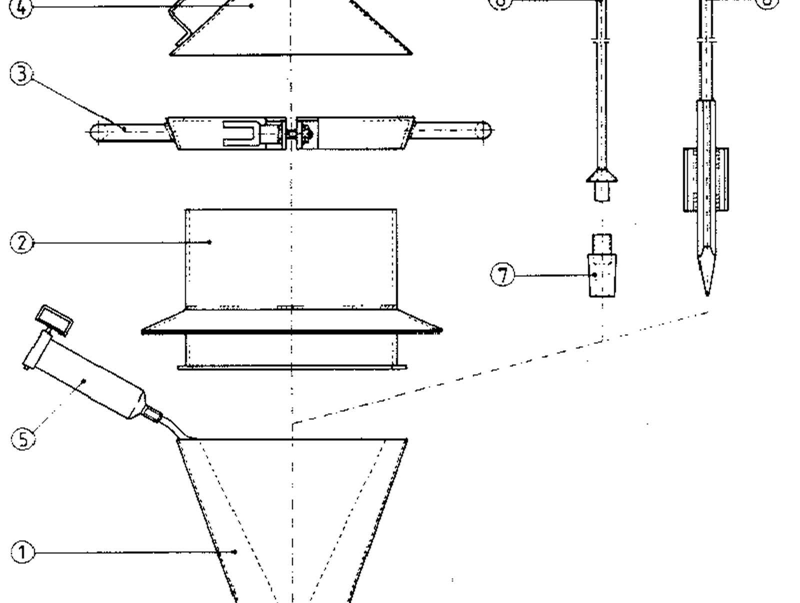 Langtidsdigelsystem med digel, tilsatsring, monteringsring og automatisk digelstøpsel.