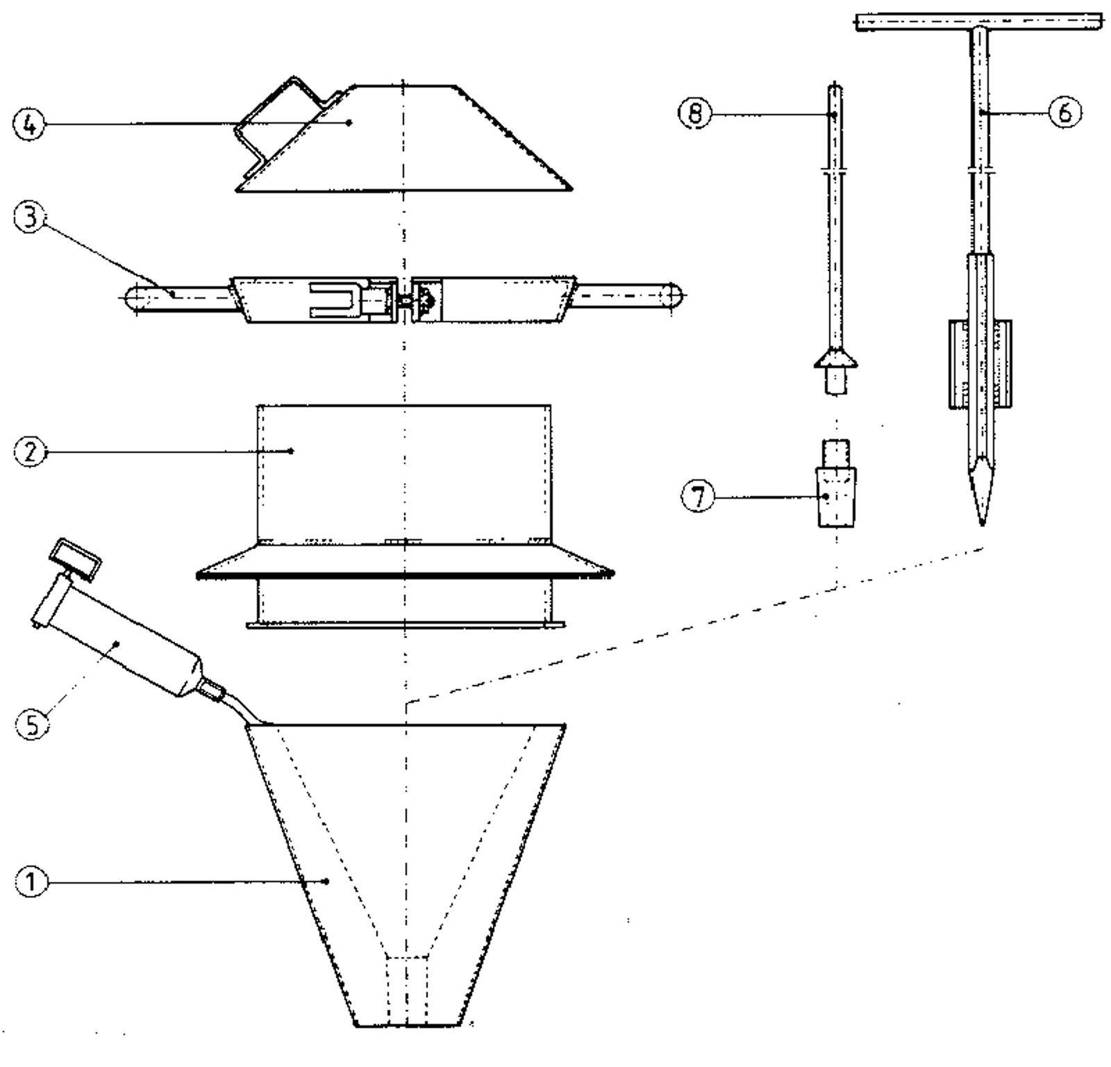 Langtidsdigelsystem med digel, tilsatsring, monteringsring og automatisk digelstøpsel.