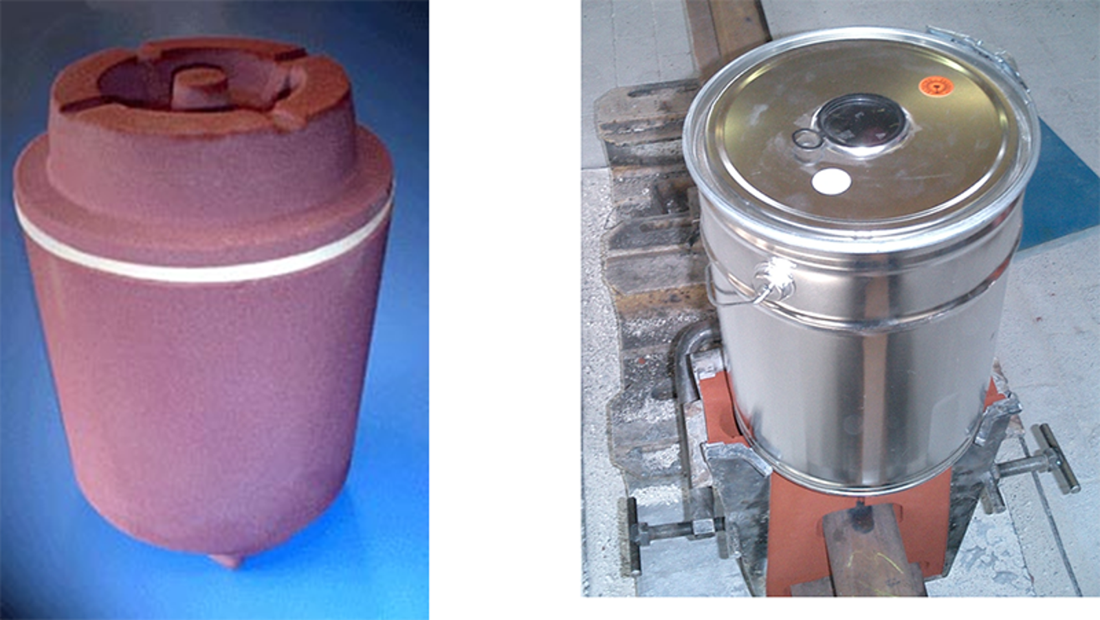 Engangsdigler fra Railtech (venstre) og Elektro-Thermit (høyre), brukt for én sveiseoperasjon.