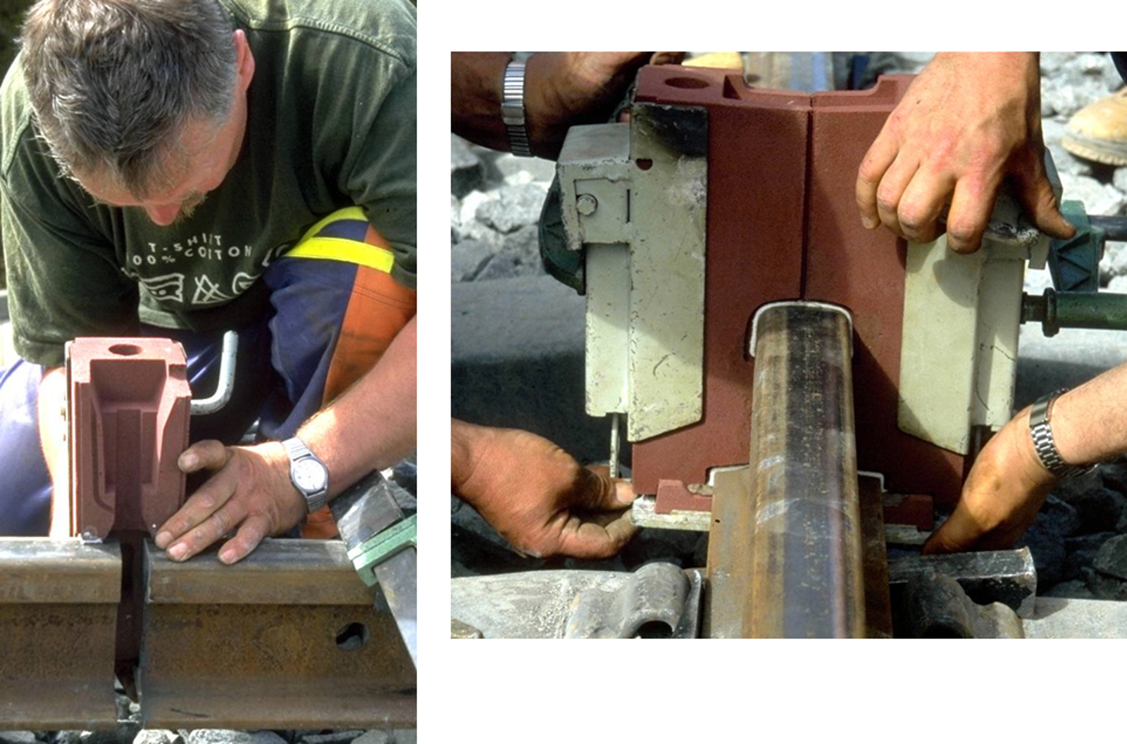 Montering av sveiseformer rundt skinneendene for korrekt plassering før skjøtsveising.