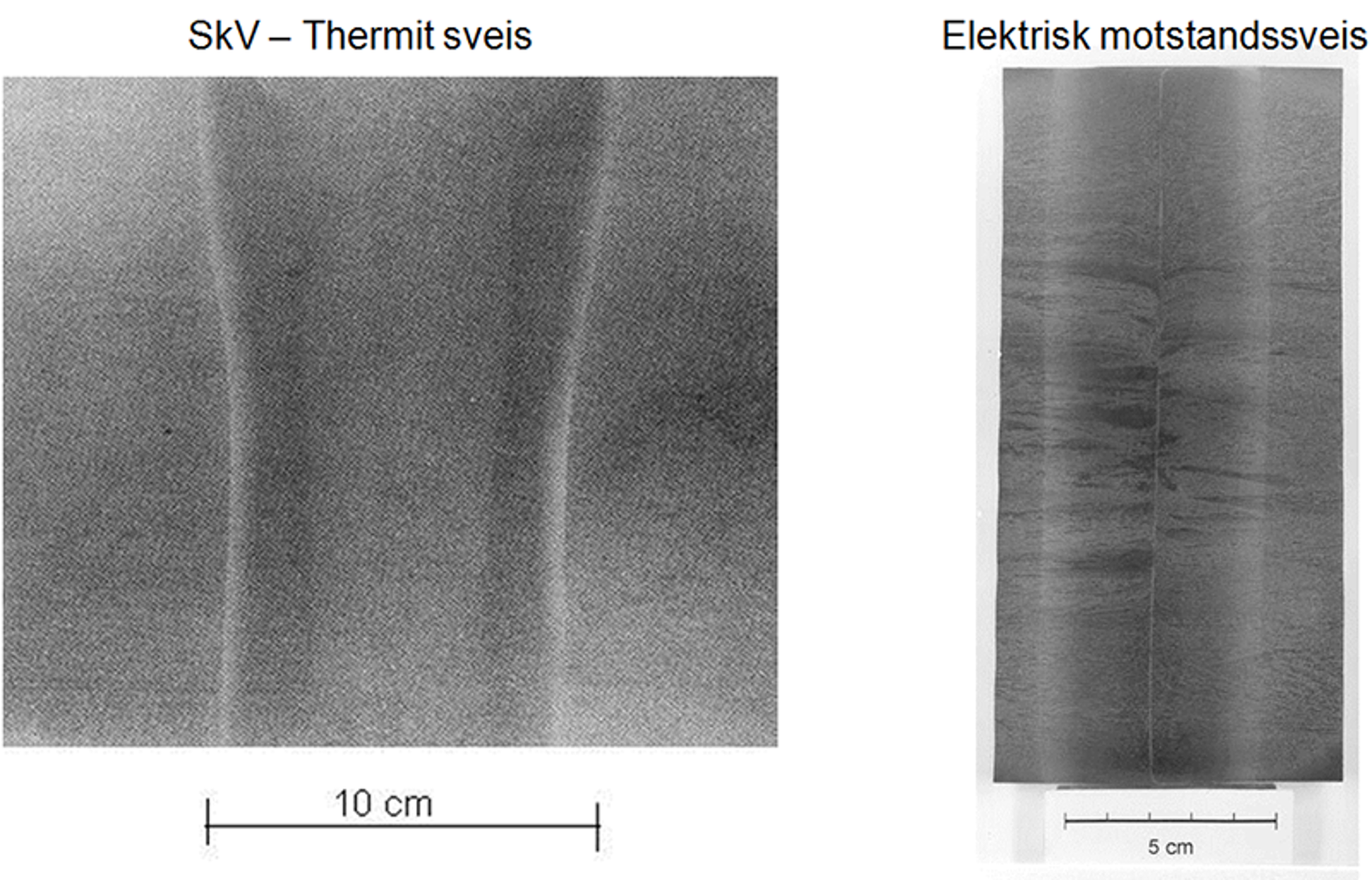 Etset lengdesnitt av thermit-sveis og elektrisk motstandssveis i skinne.