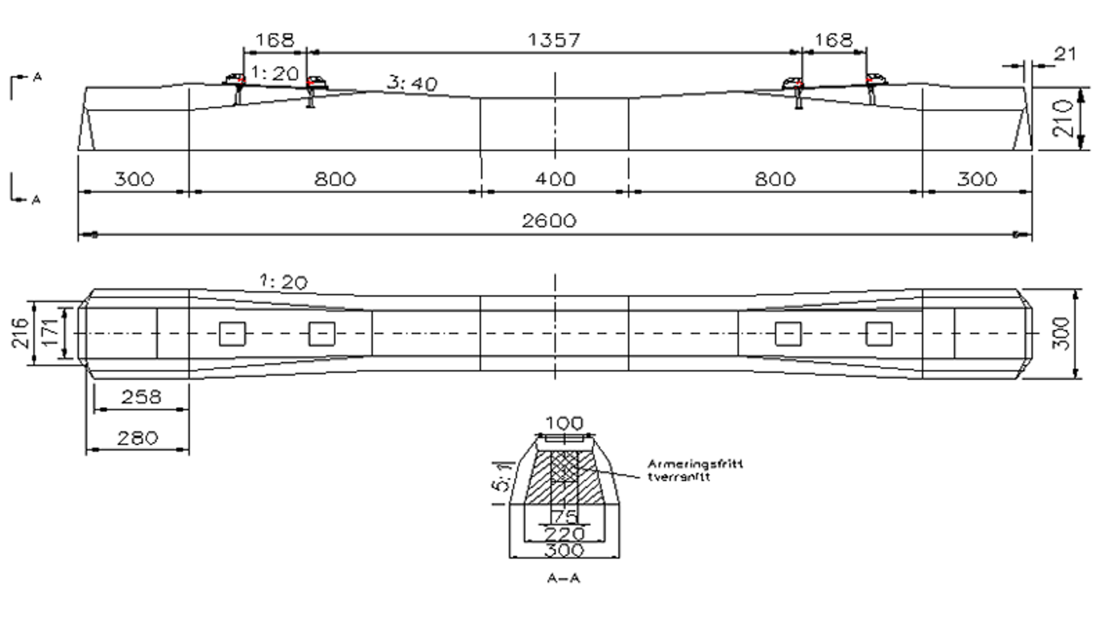 Teknisk tegning av betongsville NSB 95 med mål, bredder og armeringsdetaljer.