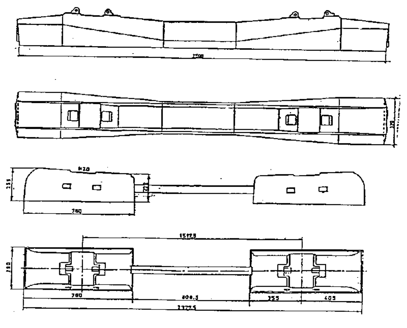 Teknisk tegning av monoblokks- og toblokksviller med innsvingt midtparti og store endepartier.