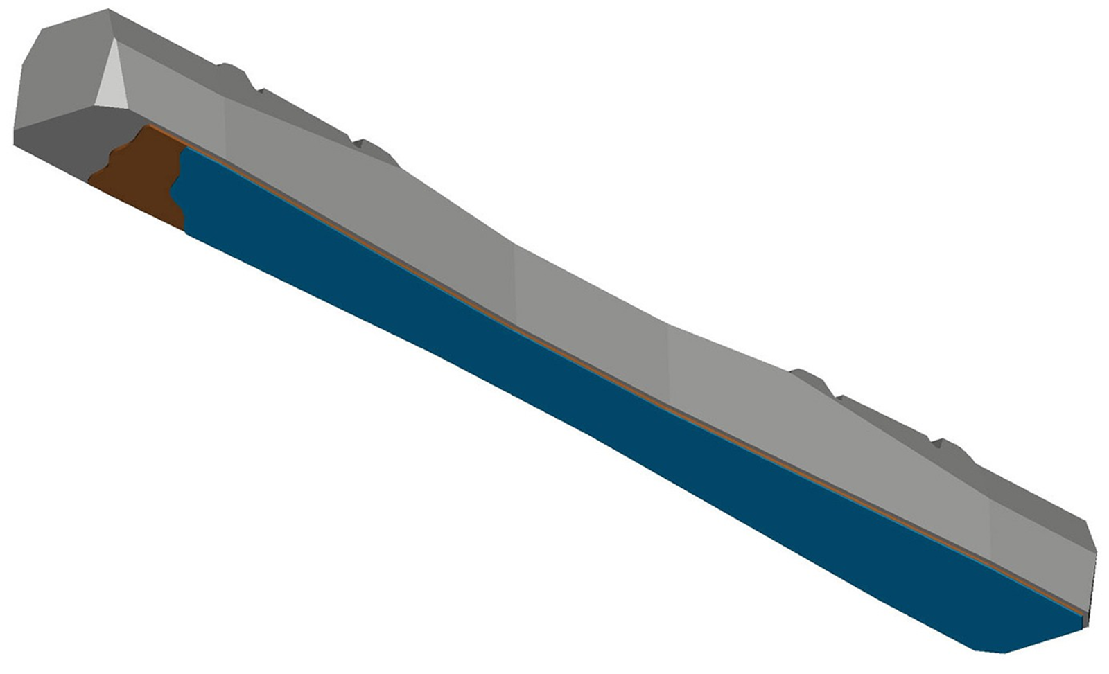 3D-modell av en sville med en elastisk matte på undersiden for å redusere ballastspenninger.