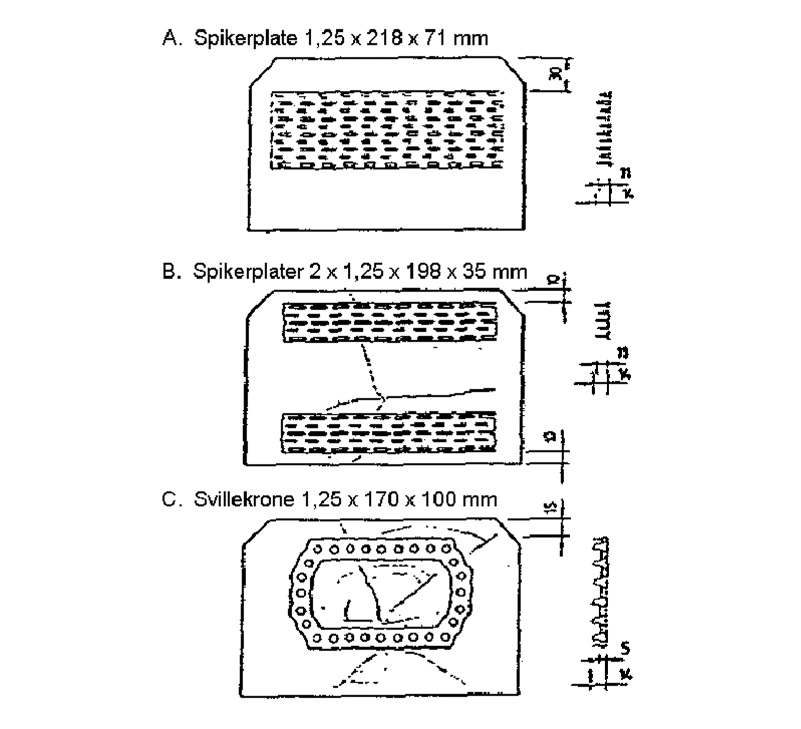 Tre metoder for rissikring av tresviller: én stor spikerplate, to mindre plater eller svillekrone.