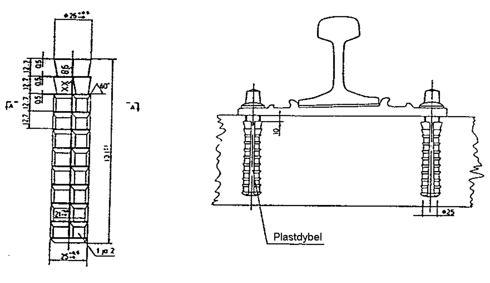 Teknisk tegning av plastdybel i skruehull for rehabilitering av tresviller.