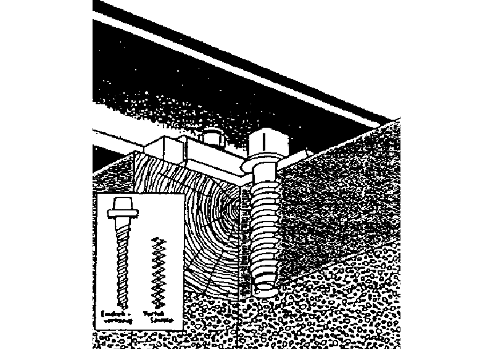 Illustrasjon av aluminiumsspiral i skruehull for rehabilitering av tresviller.