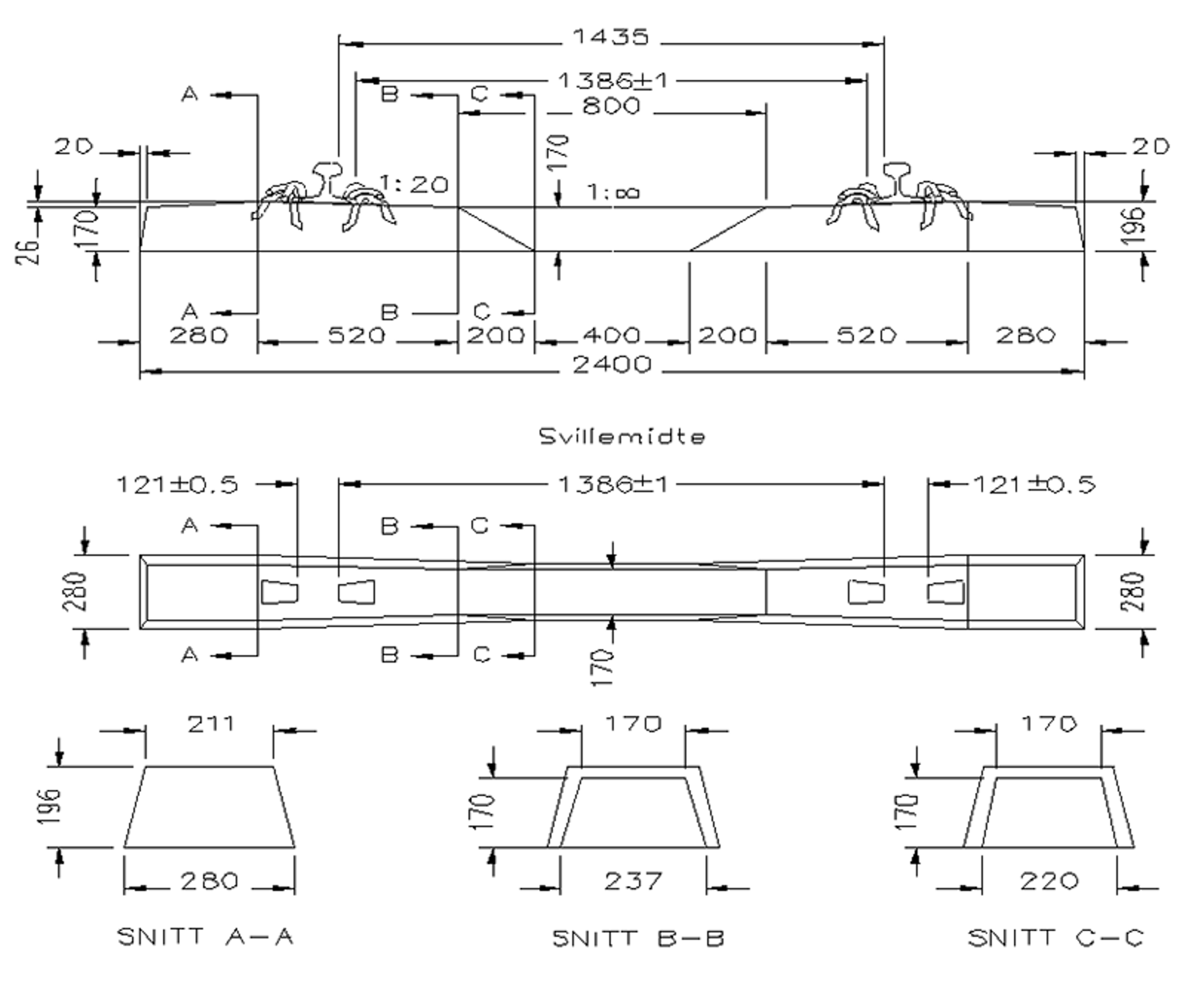 Teknisk tegning av NSB Enhetssville med målsetting og snitt-tegninger.