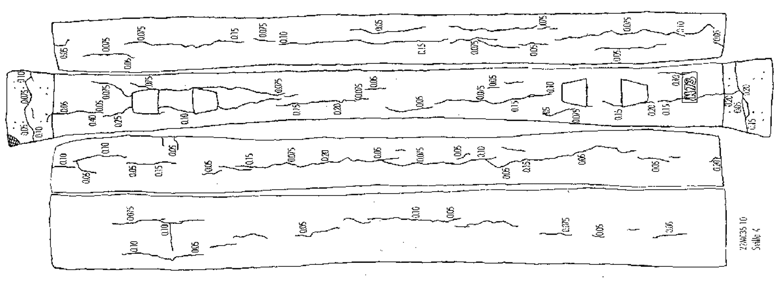 Rissmønster på betongsville i skadeklasse 2 med mange og større riss.