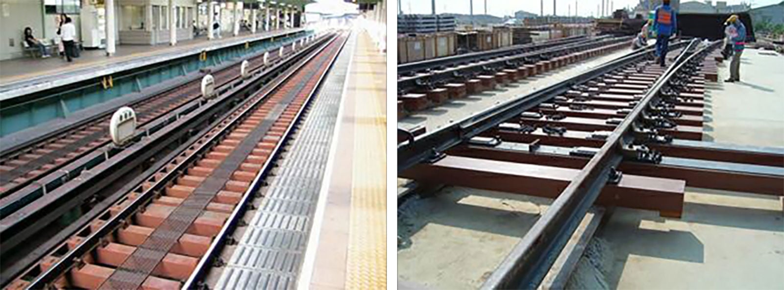 Komposittsviller i bruk på jernbanestasjon og byggeplass.