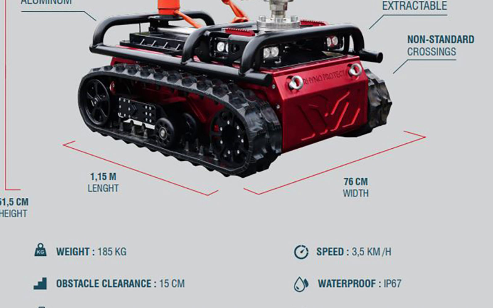 Eksempel på brannrobot for tunnelinnsats, med vannkanon og fjernstyring.
