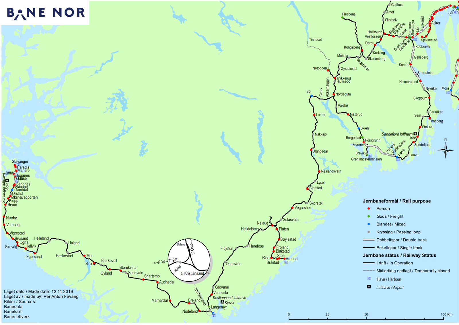 Kart over strekninger langs Sørlandsbanen, Vestfoldsbanen og Arendalsbanen. 