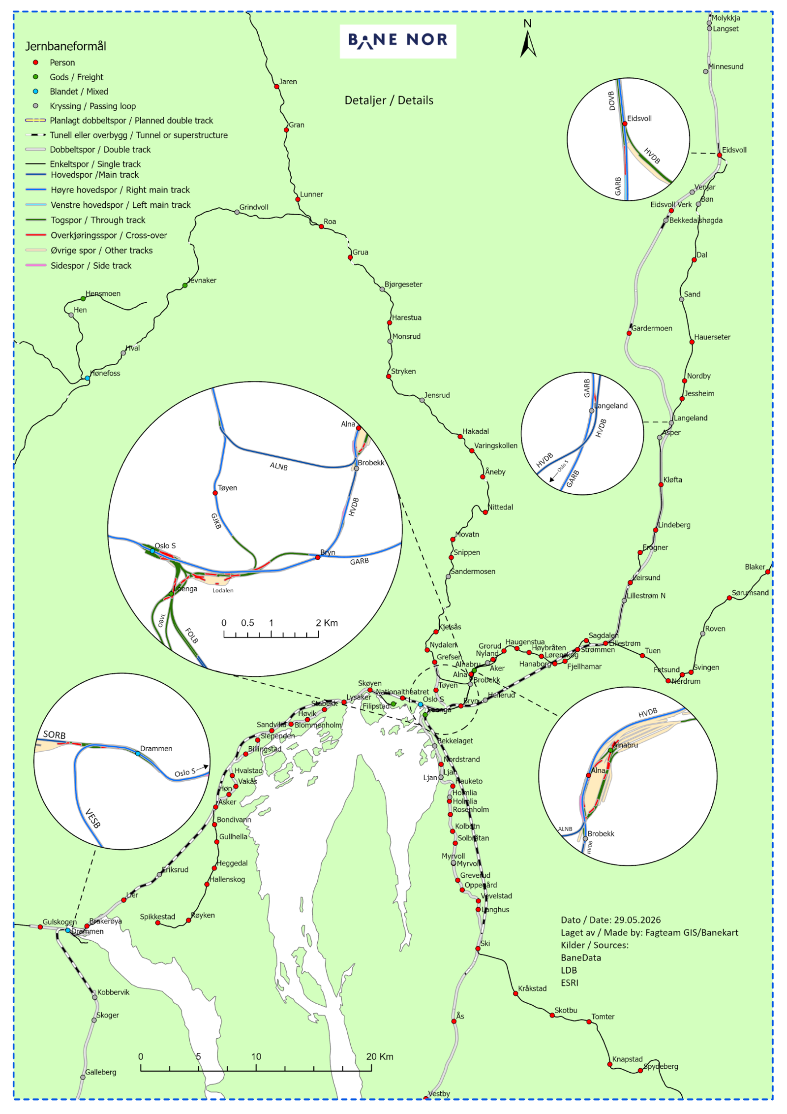 Map of route sections in Oslo, Drammen and the surrounding area.