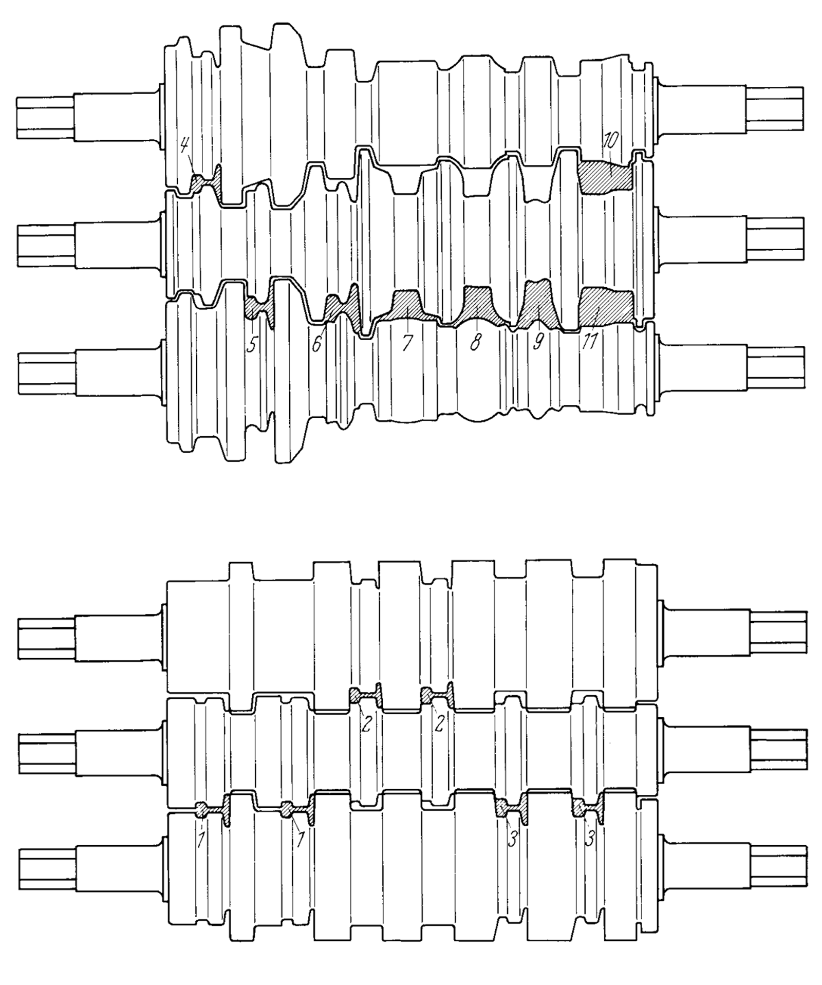 Skjematisk tegning av en triovalse som brukes i valseprosessen.