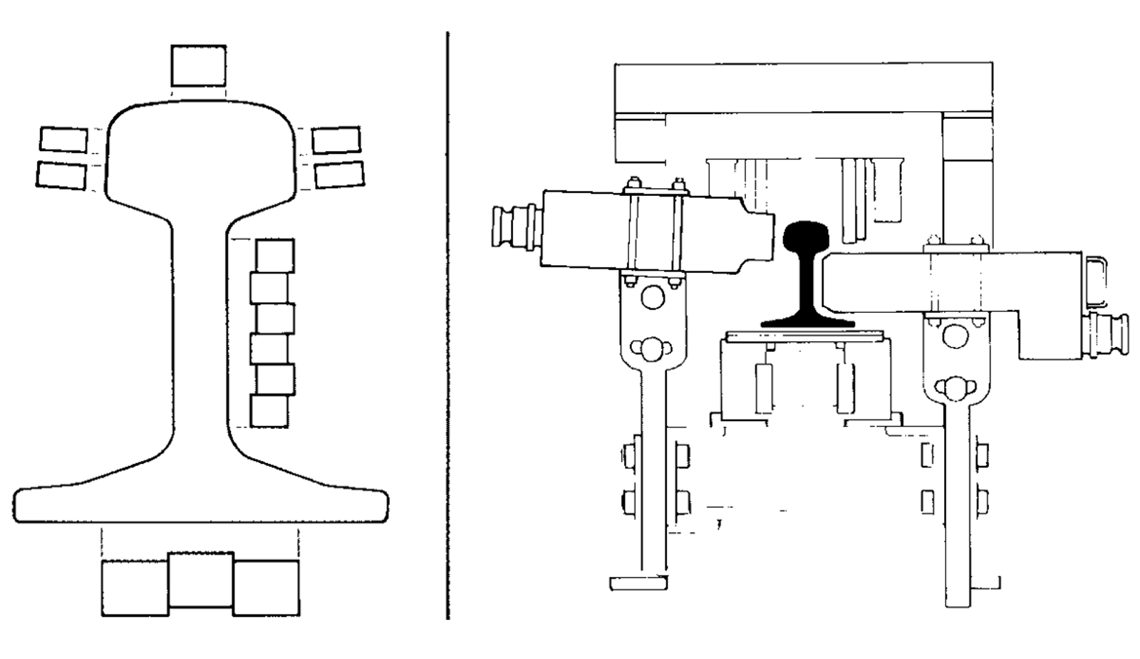 Illustrasjon av ultralydkontroll av skinner i valseverk, med sonder og vannstråle.