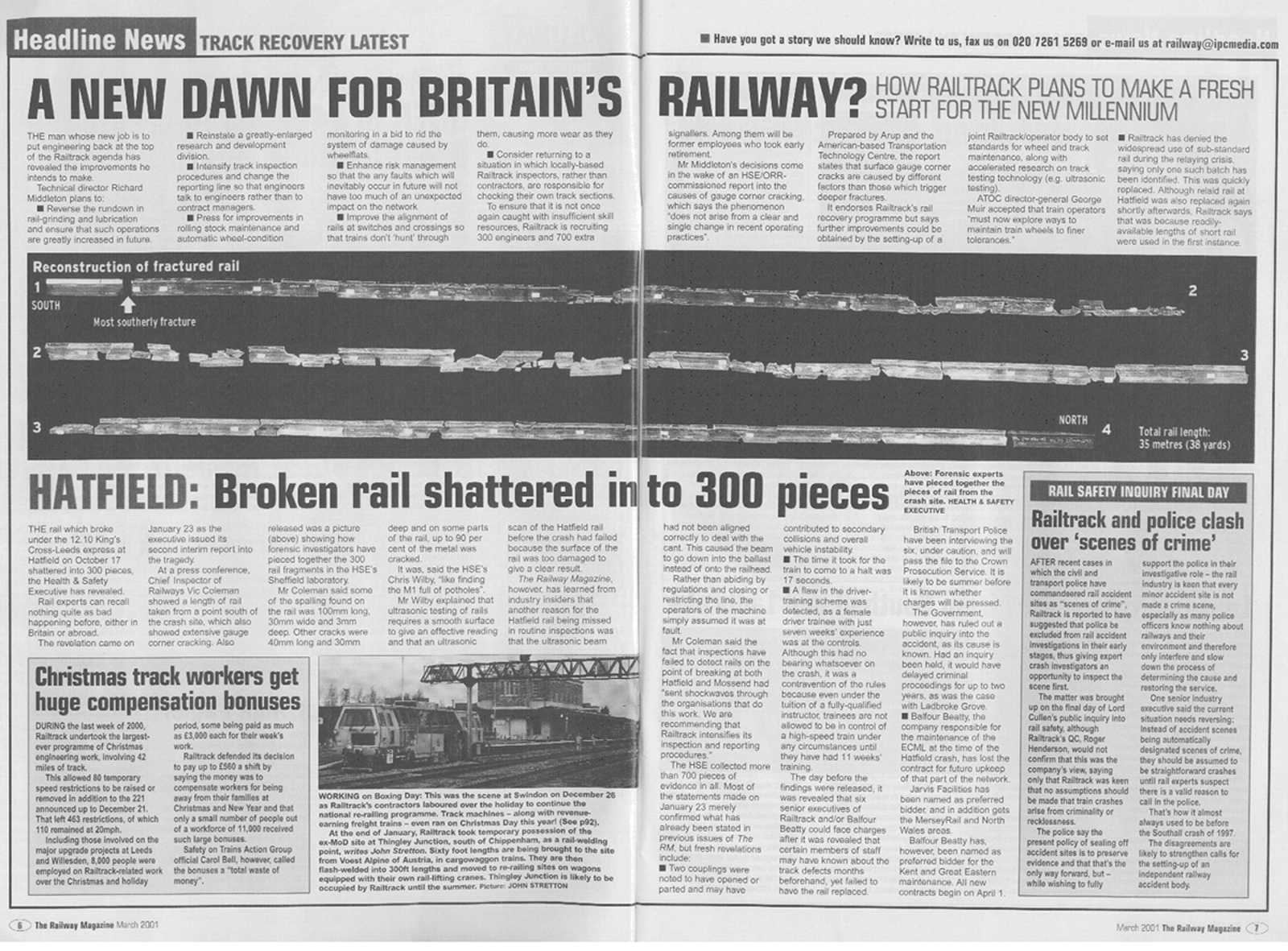 Avisartikkel om Hatfield-ulykken og skinnebrudd som fragmenterte skinner i 300 deler.