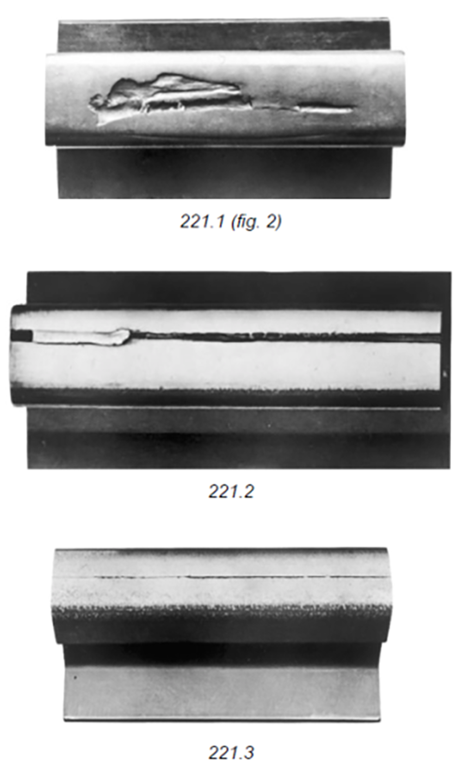 Tre bilder av valset skinnestål med synlige overflatefeil.