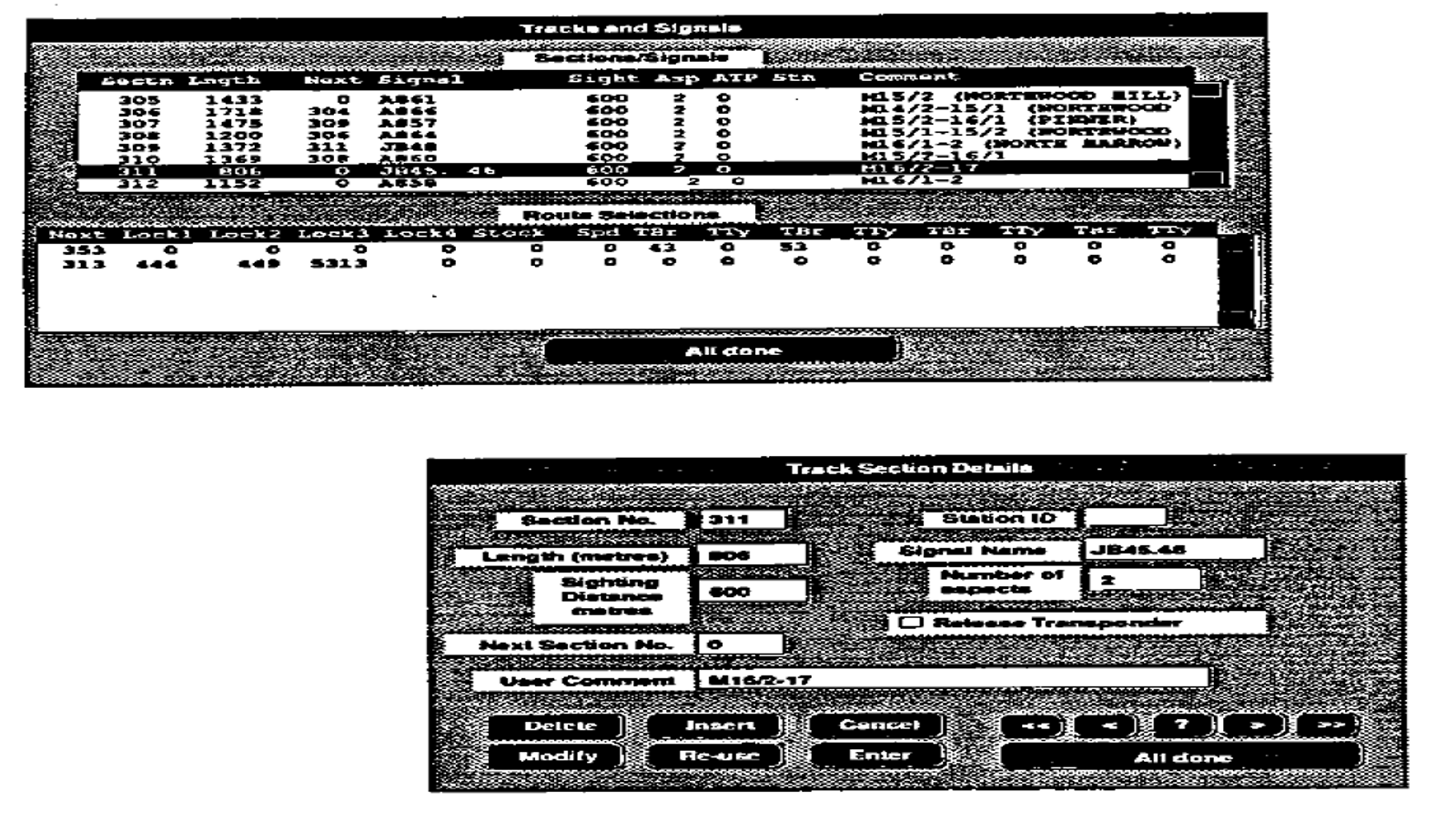 To skjermbilder som viser detaljerte data om sporseksjoner og signaler i en modell.