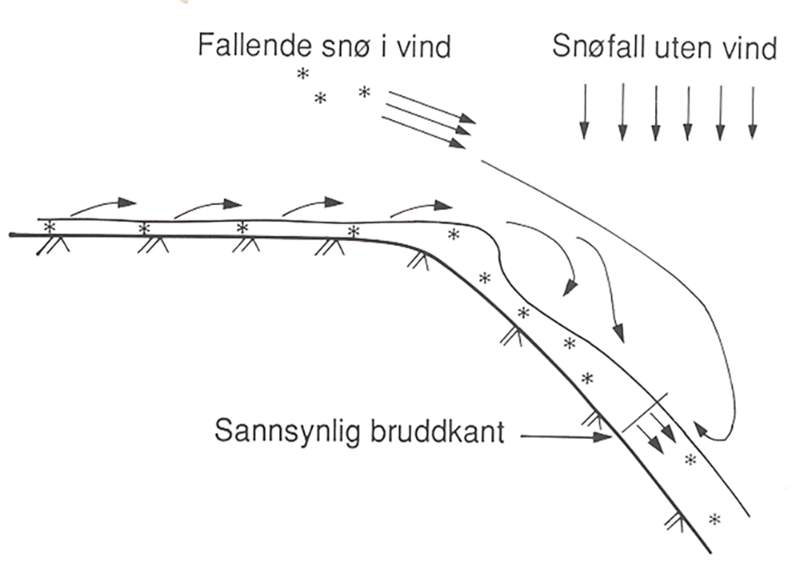 Prinsippskisse som viser fonndannelse ved snøfall med og uten vind.