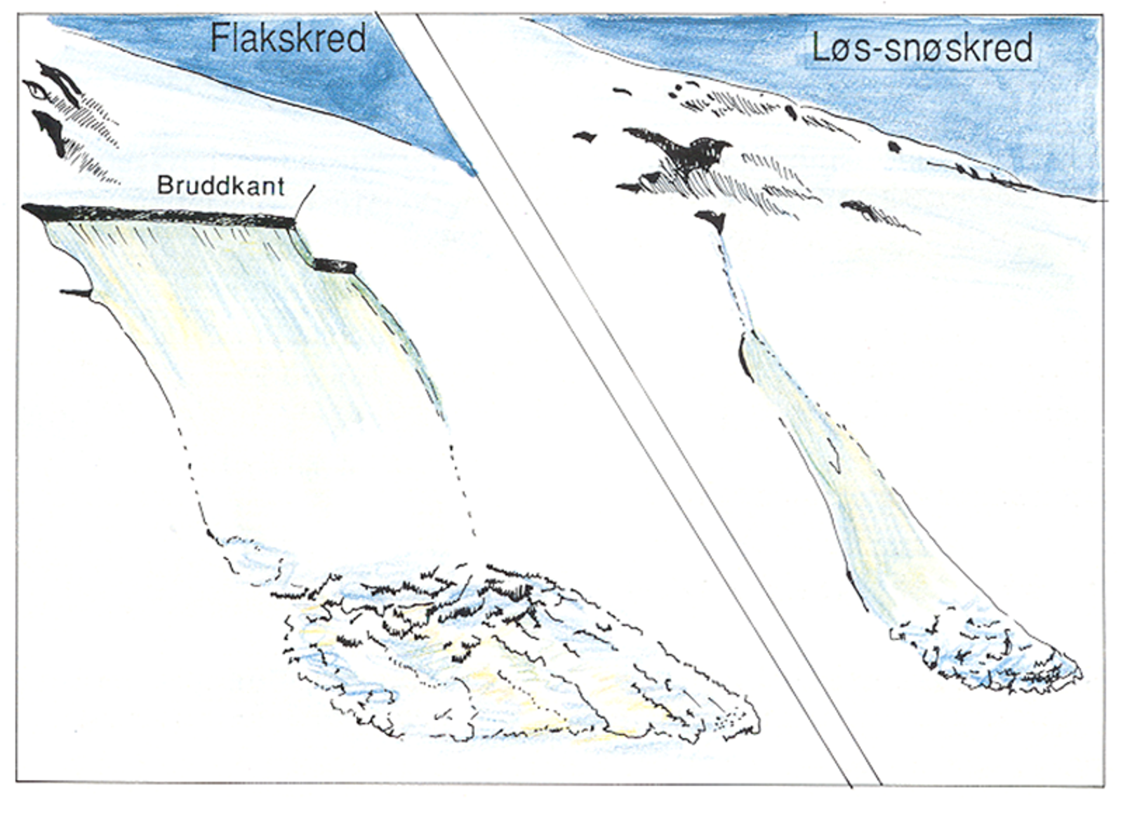 Illustrasjon som viser flakskred med bruddkant og løssnøskred i bratt terreng.