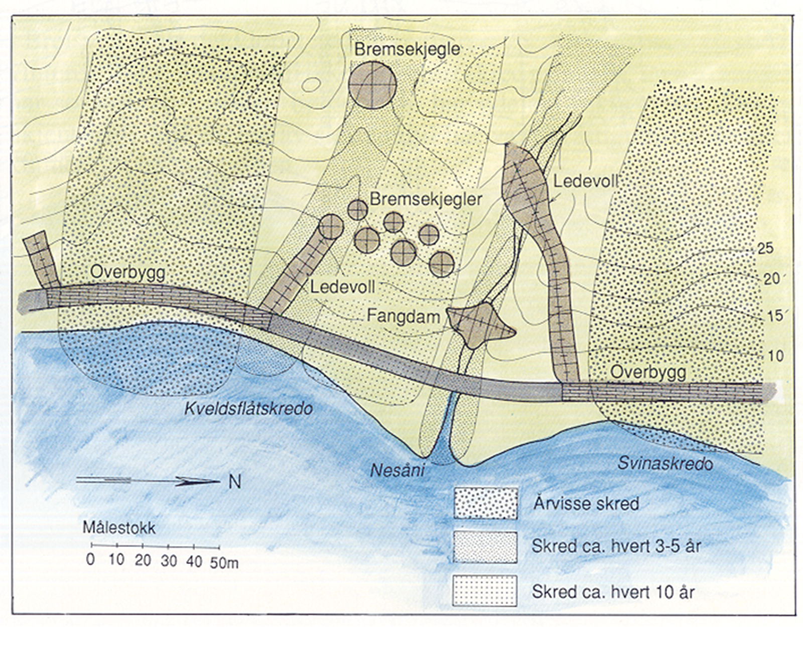 Eksempel på skredsikring med ledevoller, bremsekjegler og fangdammer nær veistrekning.