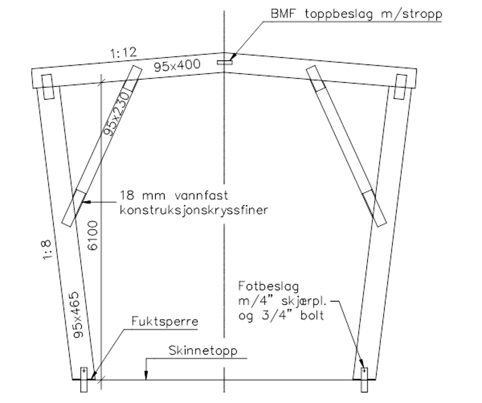 Snøoverbygg i tre med detaljer om dimensjoner og konstruksjonsmaterialer.