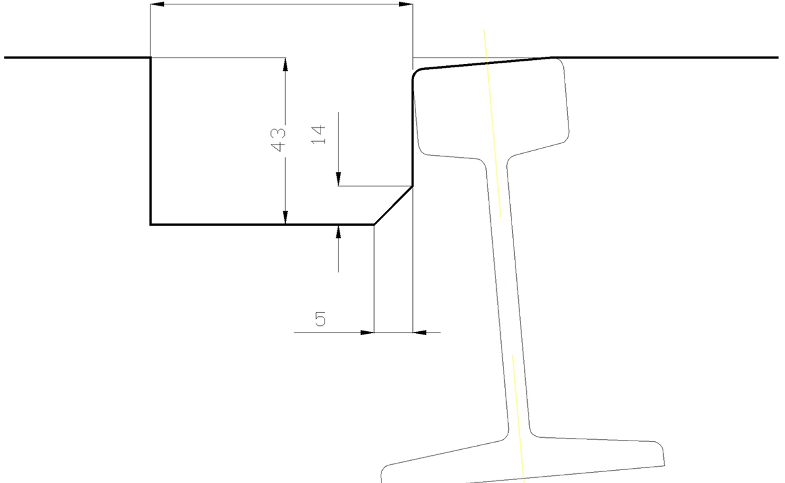 Tverrsnitt av sporrenne med mål for bredde og høyde i forhold til skinnen og planoverganger.