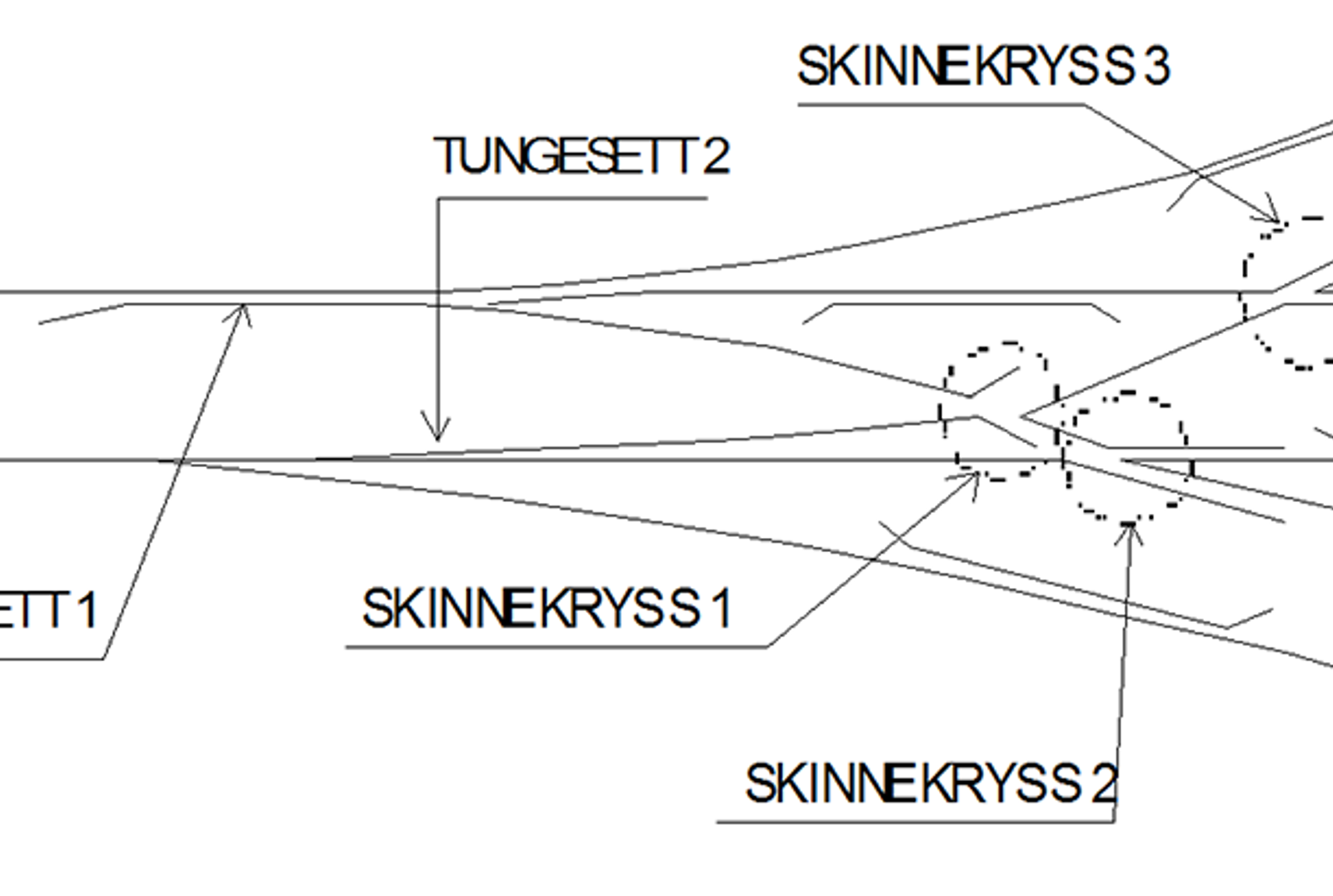 Usymmetrisk dobbeltveksel med to tungepartier etter hverandre og tre skinnekryss.