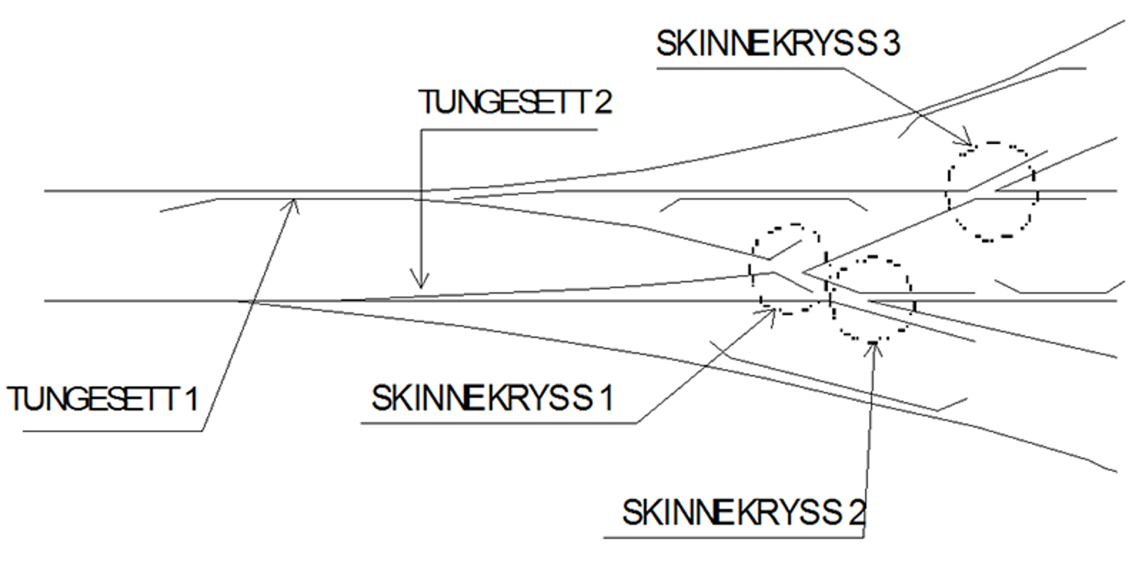 Usymmetrisk dobbeltveksel med to tungepartier etter hverandre og tre skinnekryss.