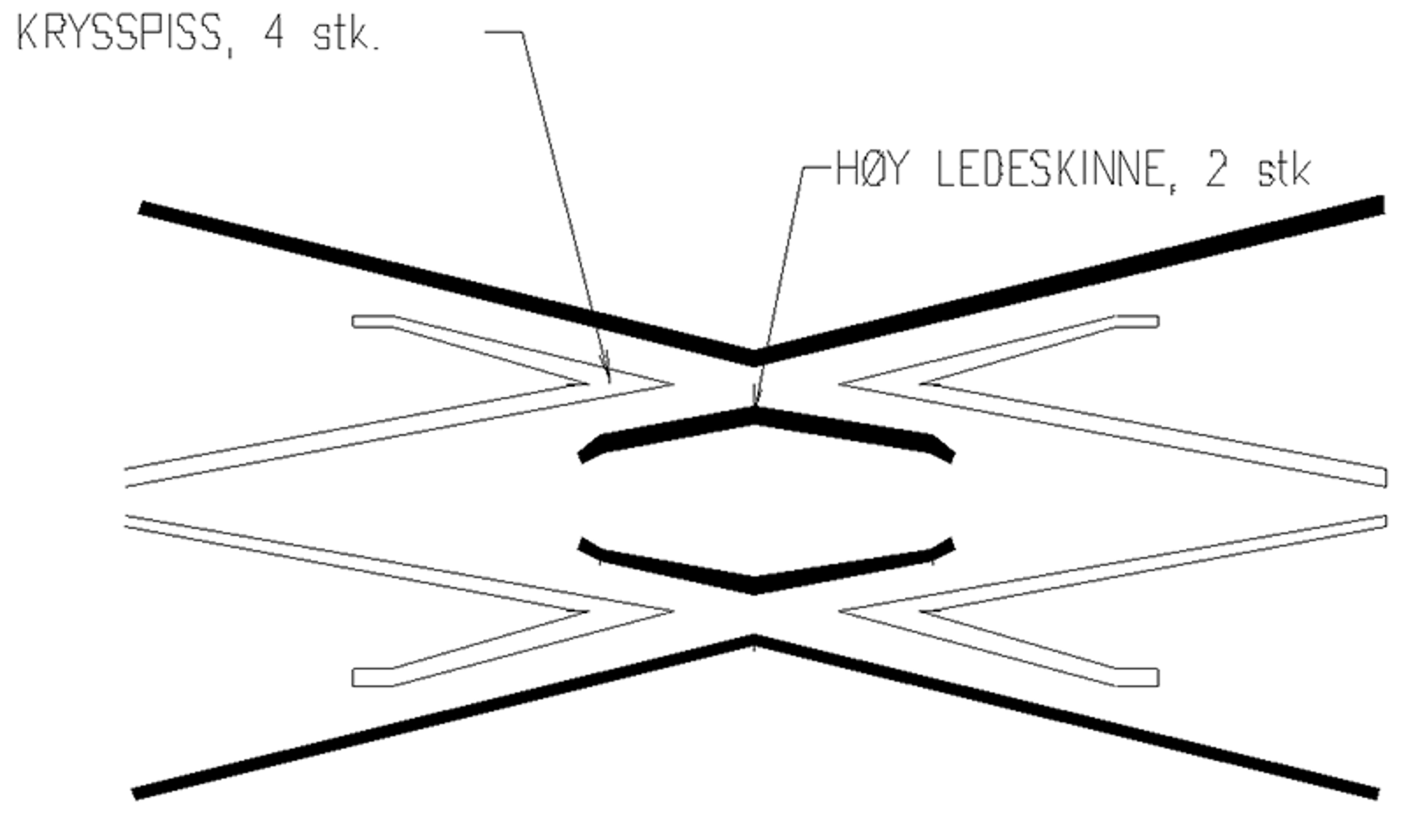 Skjematisk tegning av et sidekryss med krysspiss og høy ledeskinne.