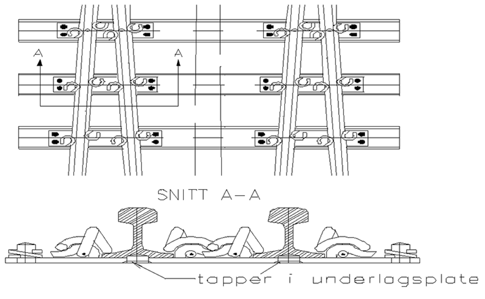 Skjematisk tegning av tungevandringskontroll i 49E1-veksler med tapper i underlagsplater.