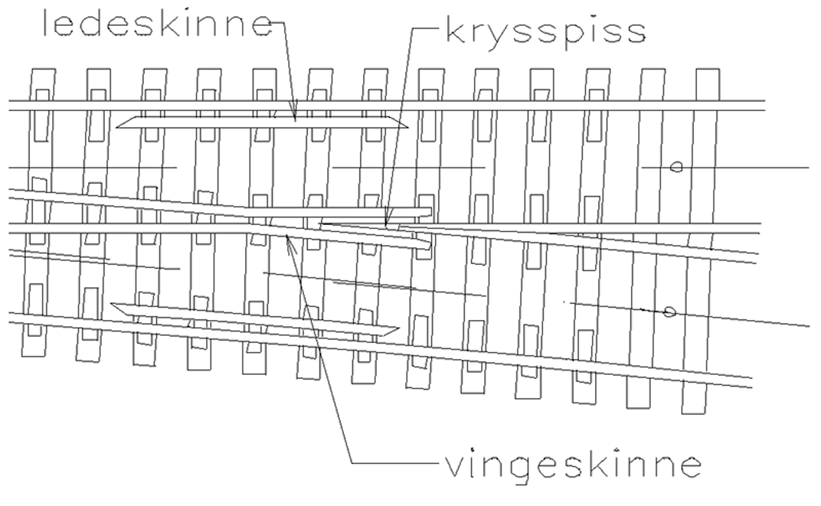 Skjematisk tegning av kryssparti med skinnekryss, vingeskinner og ledeskinner.