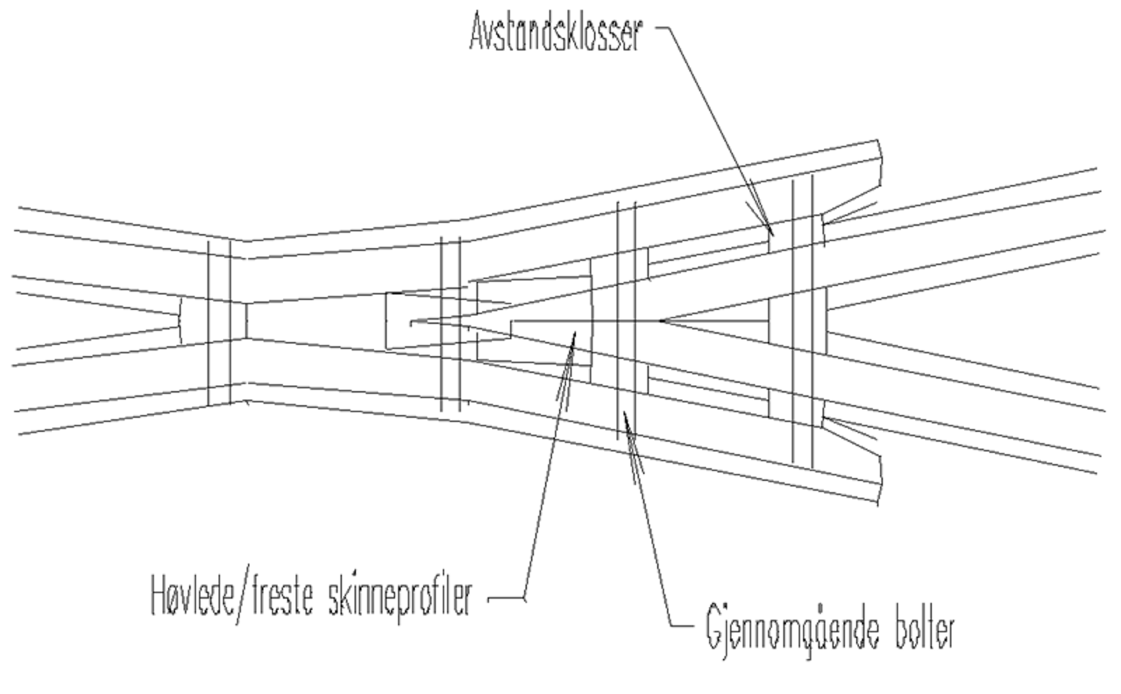 Konstruert skinnekryss laget av høvlede og freste normalskinner skrudd sammen.